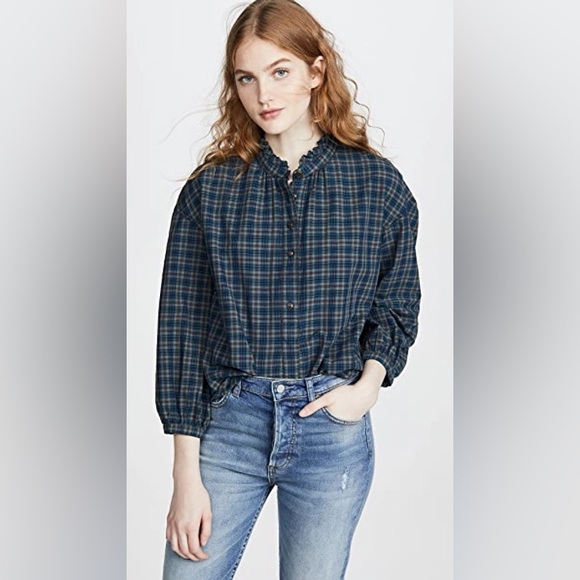 Madewell Tops - Madewell Plaid Ruffle-Neck Popover Blouse Size Small NWT
